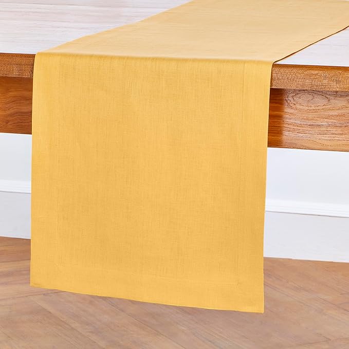Solino Home Linen Mustard Yellow Table Runner 60 Inches - 100% Pure Linen Farmhouse Short Table Runner 14 x 60 Inch Ideal for Dresser and Coffee Tables - Fete