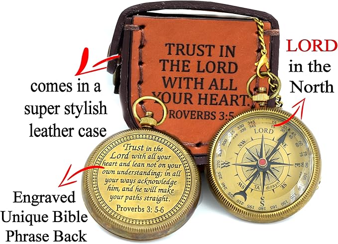 Trust in The Lord With All Your Heart - Proverbs 3:5-6 Quote Engraved Compass With Wooden Box, Greeting Card, Gift Compass, Graduation Day Gifts 2024 for Women Men Boys Girls