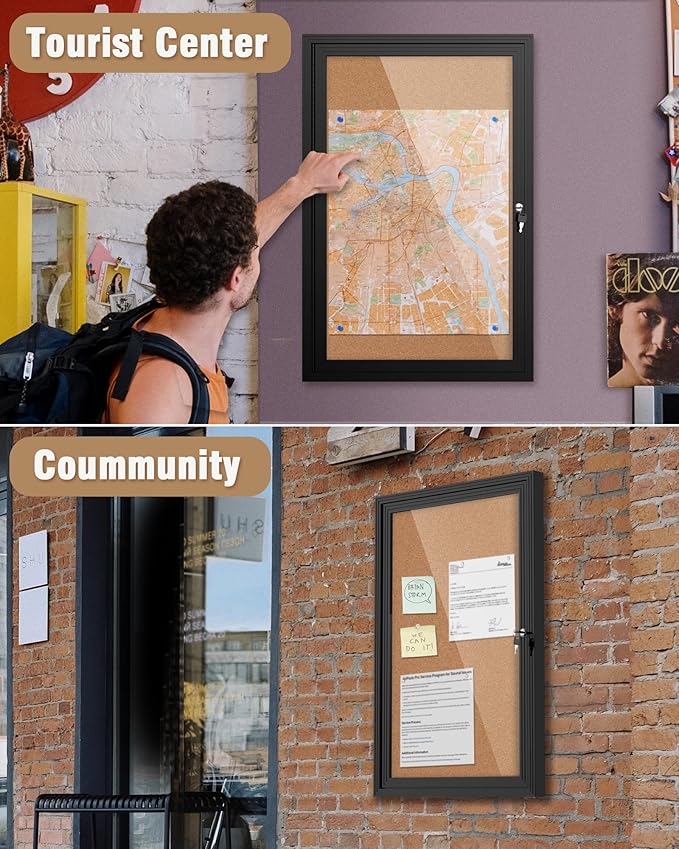 36"x24" Enclosed Bulletin Board, Outdoor Lockable Weather-Resistant Aluminum Cork Noticeboard for School & Office Hospital, Black Frame w/Cork