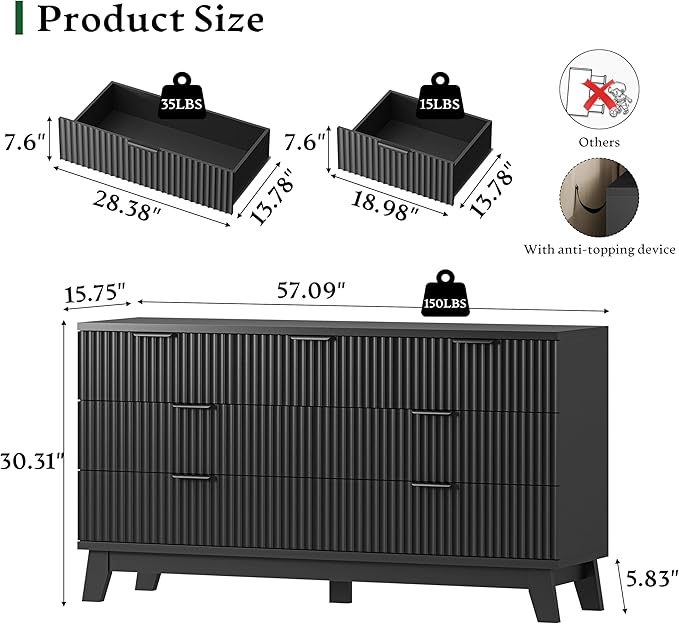 Fluted Dresser with 7 Drawers, 58" Wide Wood Chest of Drawers with Metal Handle, Wooden Dresser TV Stand, Modern Closet Clothes Storage Organizer for Bedroom, Living Room, Hallway, Solid Black