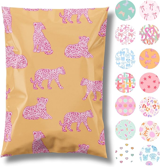 10x13 Designer Poly Mailer 100 Pack Heavy Duty Waterproof Self Seal Shipping Bags for Small Business Large Mailing Envelopes Bulk Tear Resistant Packaging Pink Orange Leopard