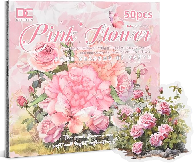 Snycler Scrapbooking Supplies, Vintage Journaling - 25 Sheets PET & 25 Sheets Paper Stickers, DIY Craft Stickers for Junk Journals, Ephemera Sticker Book, Pink Flower Themes, Pre-Cut Designs