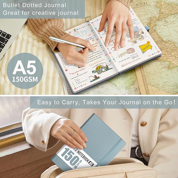 AHGXG Bullet Dotted Journal - 150 GSM Dot Grid Notebook Journal, Thick Acid-Free Paper, A5 Dotted Notebook 128 Pages, Leather Hardcover, Inner Pocket, Journal Stencil, 5.7'' × 8.3'' - Gray Blue
