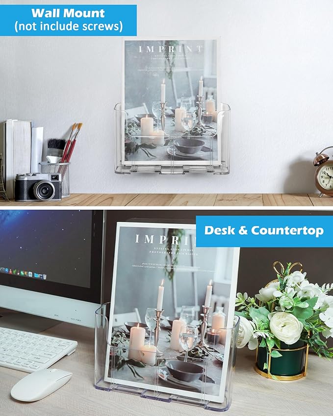 Acrylic Brochure Holder, Acrylic Sign Holder 8.5 x 11, 6 Packs Brochure Display Stand, Clear Flyer Holder Pamphlet Paper Literature Holder for Document Magazine Menu, Table Desk Wall Mount