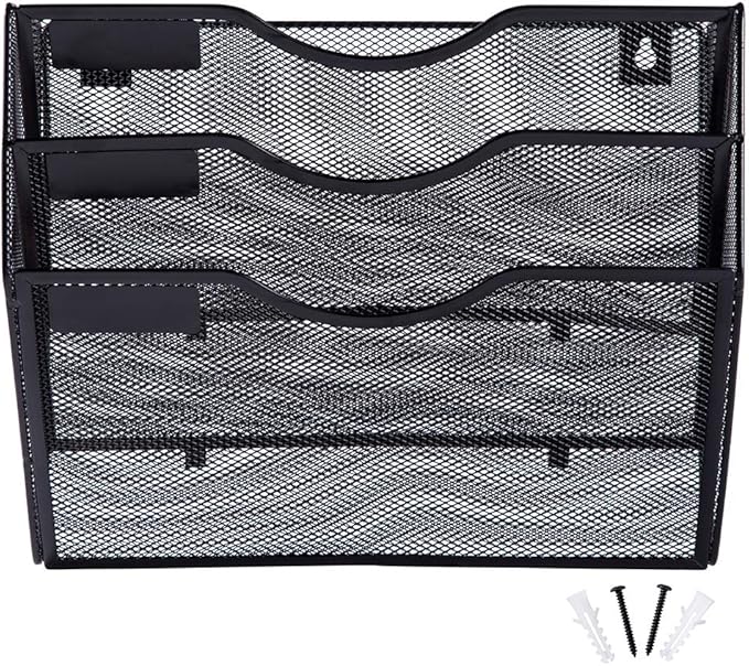 EASEPRES 3 Pocket Mesh Hanging Wall File Organizer, Wall Mounted Mail Paper Document Folder Holder, Clipboard Storage Organization Magazine Rack with Nametag Label for Office Home School, Black