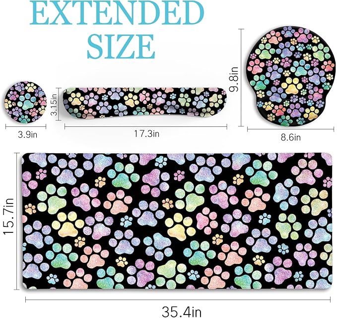 Dog Paw Mouse Pad Set XXL Large Desk Mat Pad, Cute Ergonomic Mouse Pad with Wrist Support Wrist Rest for Computer Keyboard, Cup Coaster Cute Cat Paw Office Supplies Desk Decor Accessories