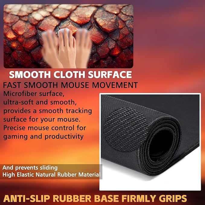 Desk Mat, Red Fire Dragon Scales Desk Pad, Cool Dragon Large Gaming Mouse Pad for Desk, 31.5"x15.7" Extended Big Computer Keyboard Mouse Pad with Non-Slip Base and Stitched Edge