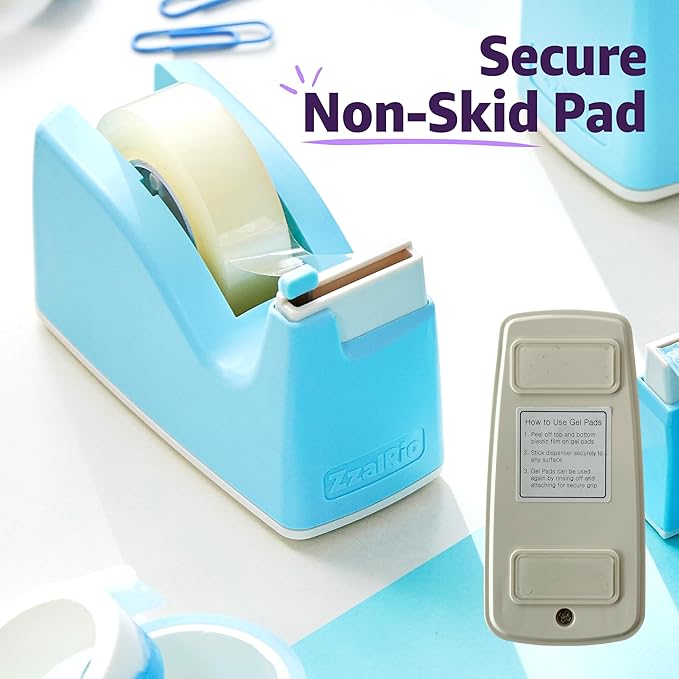 Cute Safety Tape Dispenser (Blue) 1" Core - Easy, One-Hand Use Tape Roller with Hidden Blade and Non-Skid Pad - Cute School and Office Supplies - Refillable - Tape Included
