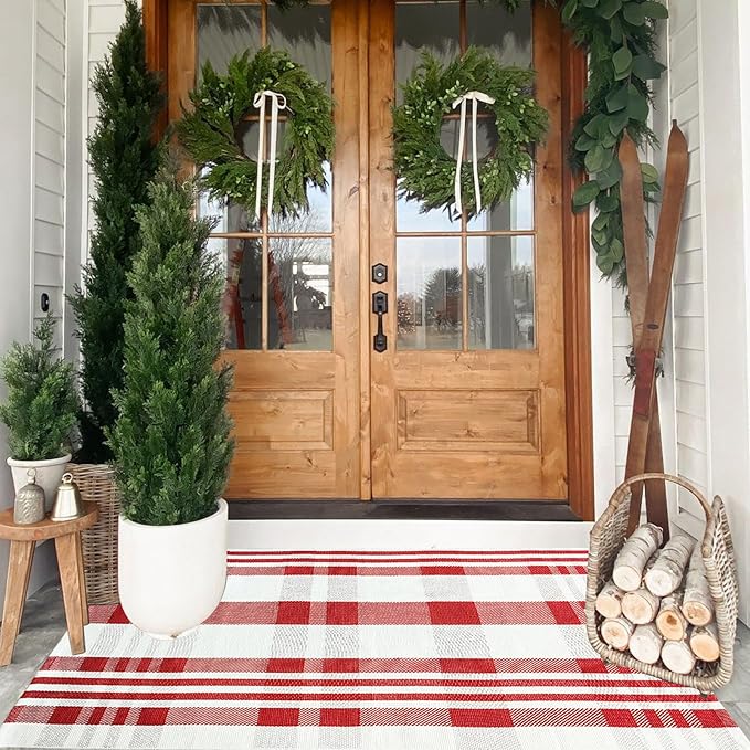 Christmas Door Mat Outdoor 3' x 5' Red and White Plaid Rug Christmas Decor Rug Cotton Hand-Woven Layered Door Mats Washable Carpet for Front Porch, Kitchen, Farmhouse, Entryway (3' x 5')