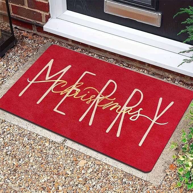 Christmas Door Mat Entrance Front Porch Rugs Red Gold Merry Christmas Doormat Non-Slip Rug Welcome Mat for Entrance Indoor Home Bathroom Floor Decoration, 18" x 30"Inch