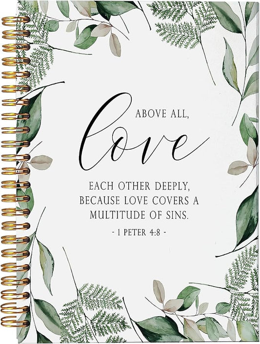 VNWEK Bible Scripture 1 Peter 4:8 Above All Love Each Other Deeply Greenery Spiral Notebook Journal 5.5 x 8.3 inches,Christian Lined Hardcover Spiral Notebook,Christian Gifts for Women Men Faith Teens