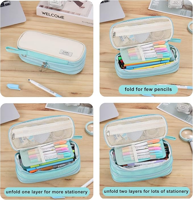 Big Pencil Case Zipper Pencil Pouch Organizer Large Capacity Pen Bag with Handle Portable for Girls Kids Adults Gift Pen Case for School Home Office Light-blue