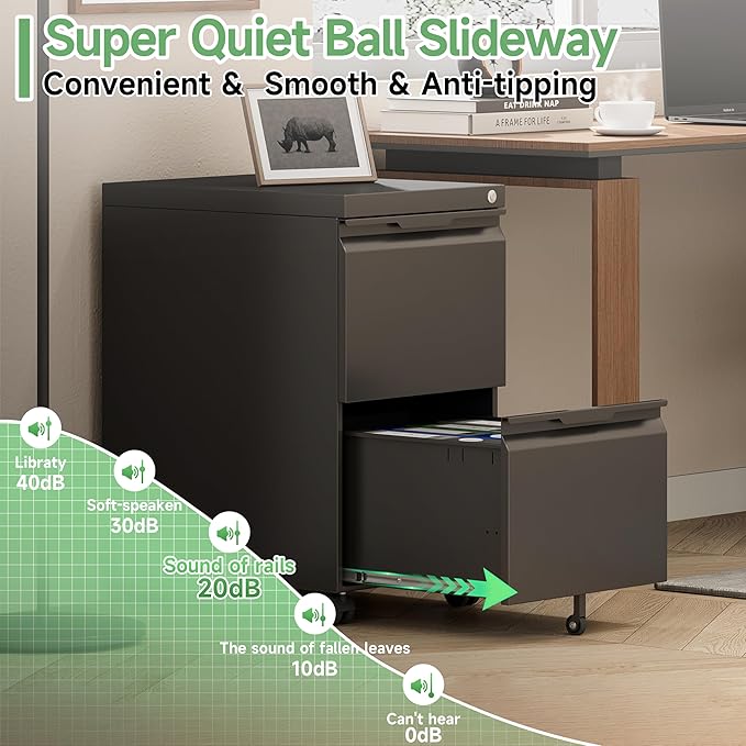 2 Drawer Mobile File Cabinet with Lock,Under Desk Metal Filing Cabinets with Wheels for Home Office Organizer Letters/Legal/A4(Easy Assemble-Black)