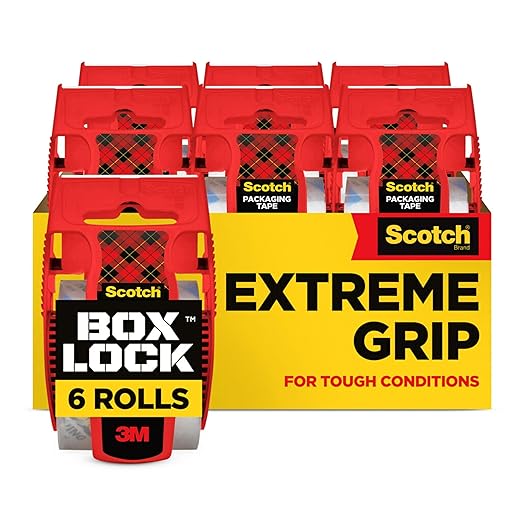 Scotch Box Lock Packing Tape, Clear, Extreme Grip Box Packaging Tape for Shipping and Mailing, 1.88 in. x 22.2 yd., 6 Rolls with Dispensers (Pack of 6)