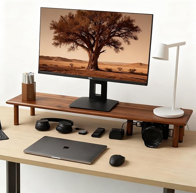 Dual Monitor Stand Riser Acacia Wood, Wooden Desk Monitor Riser for 2 Monitors Supports for Monitor, Printer, Heavy TV Riser up to 130 lbs