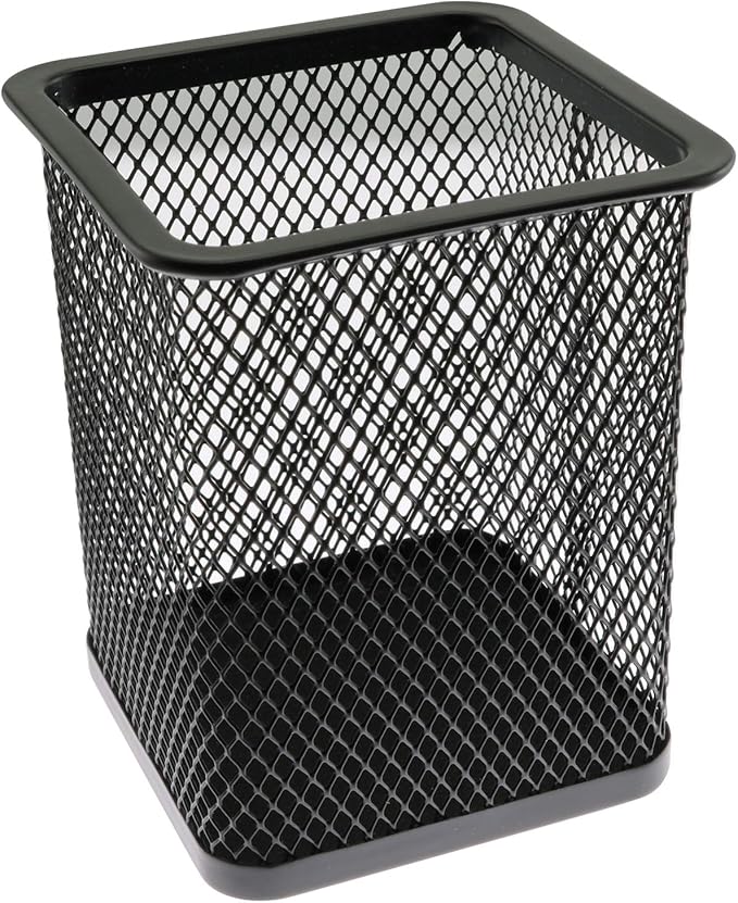 1-Pack Mesh Pen Holder Square Shape Pencil Container Multipurpose Metal Hollow Out Desktop Storage Organizer for Student Stationery Office Supplies(Black)