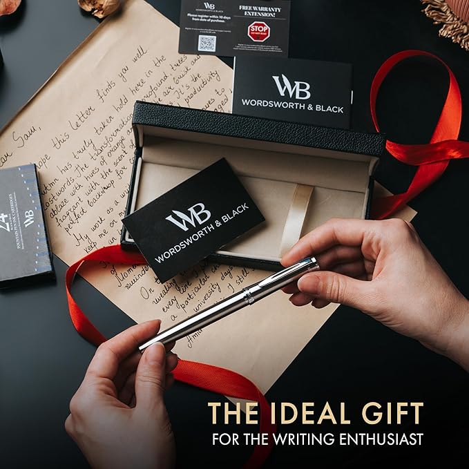 Wordsworth & Black Fountain Pen Set, Bent Nib, Includes 24 Pack Ink Cartridges, Ink Refill Converter & Gift Box, Chrome Finish, Calligraphy, [Silver Chrome], Perfect for Men & Women