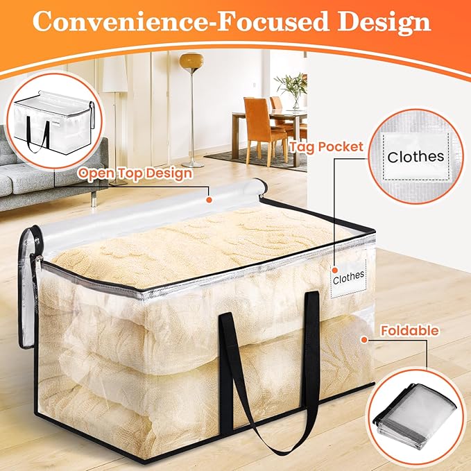 Extra Large Heavy Duty Moving Bags, Storage Bags with Strong Zippers & Handles, Packing Bags for Moving Essentials, Ideal Storage Tote for Home, Dorm & Storage Solutions, 76L, 4 Packs, Clear