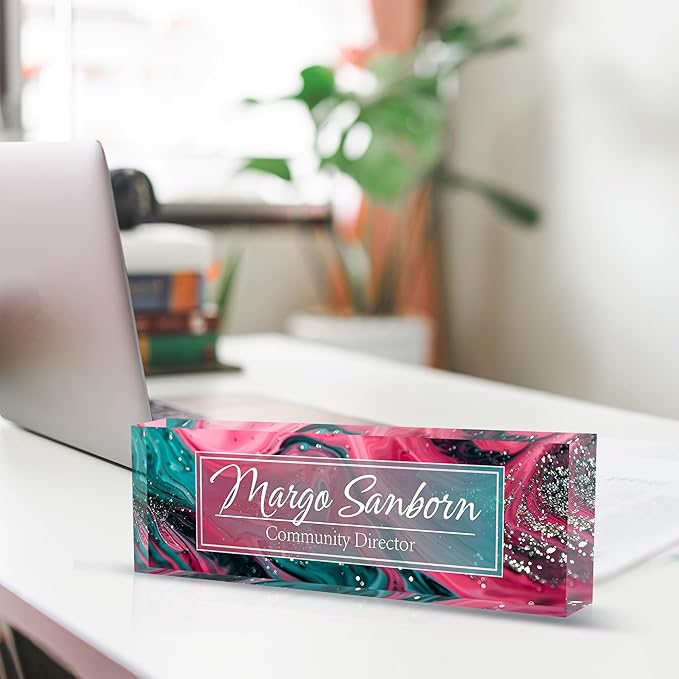 Personalized Name Plate for Desk, Custom Desk Name Plate, Acrylic Name Plate Office Desk Accessories, Personalized Office Gifts for Coworkers Teachers, Employee Appreciation Gifts (C-Teal Spark)