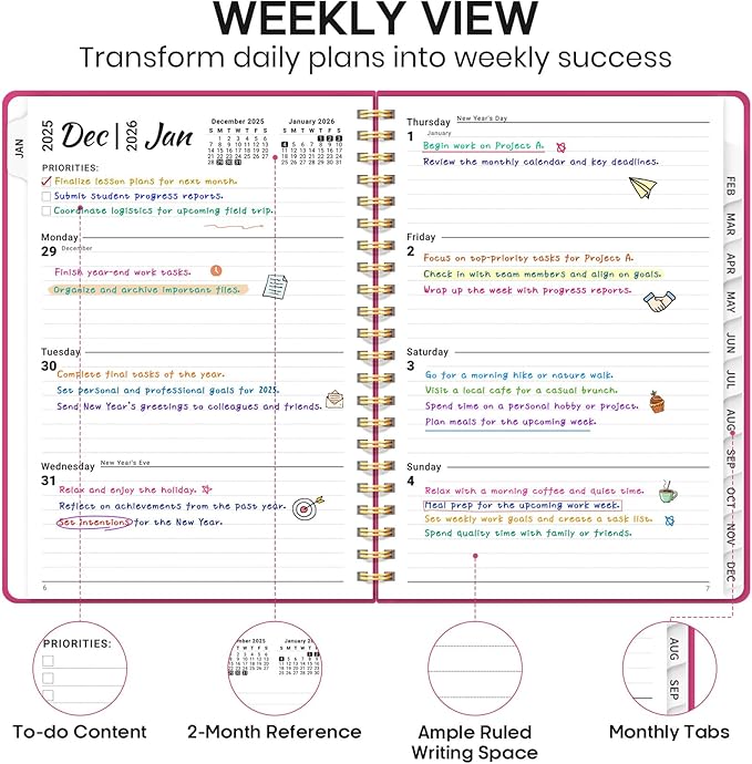 2026 Planner 8.5" x 11", Weekly and Monthly Calendar Planner Book, January 2026 - December 2026, Hardcover Spiral Planner with Monthly Tabs, Notes Pages, Perfect for Women & Men, A4 - Hot Pink