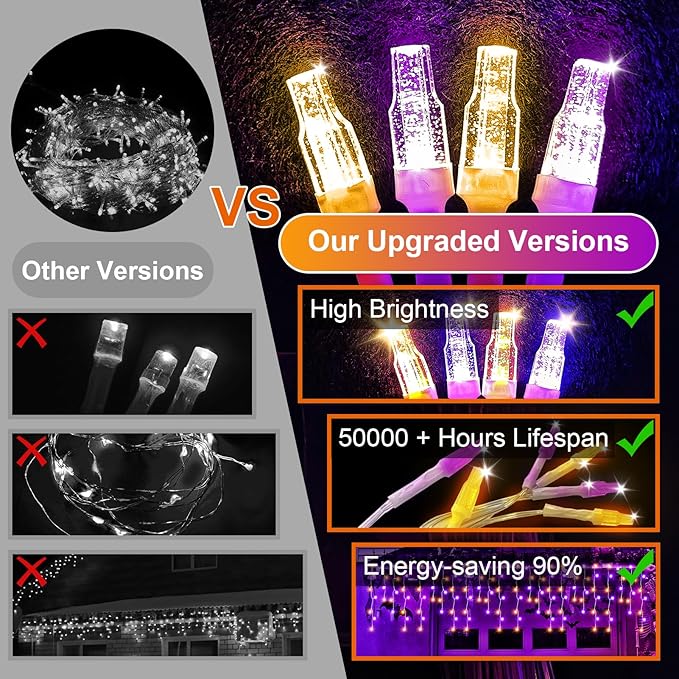 Halloween Lights, 49FT 450 LED Ice Lights with 8 Modes, Waterproof Timer Memory Hanging Light for Eaves Party Yard Garden Halloween Decor (Purple and Orange)
