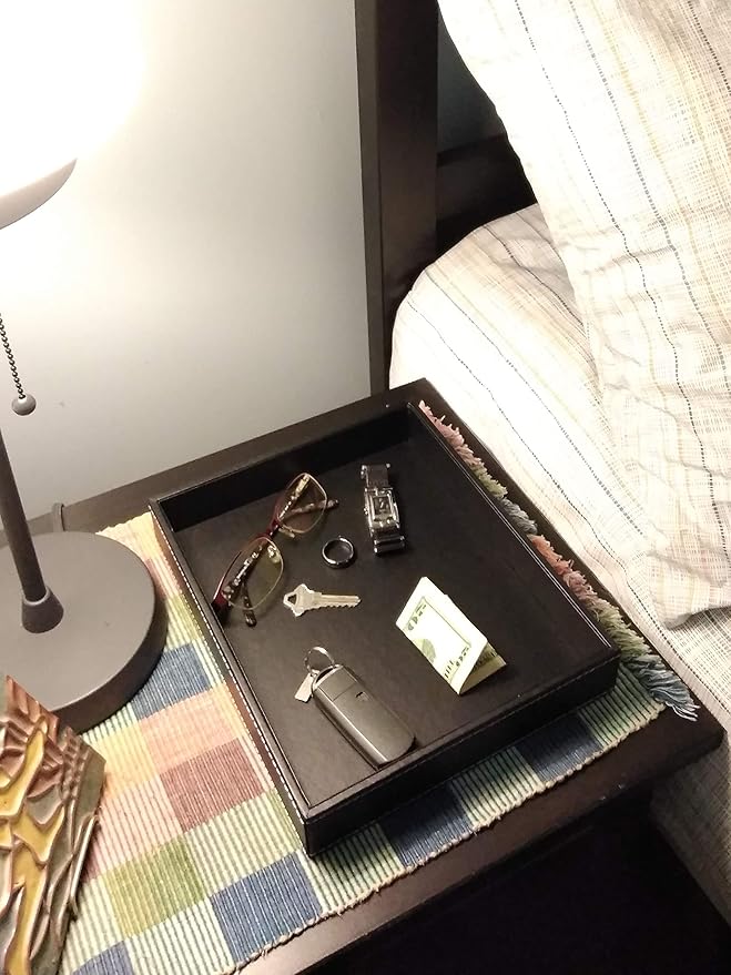 ULTRAY, Valet Tray, Desk Tray, Key Bowl, Nightstand Organizer for Men, Black PU Leather, 10.3 x 8.3 x 1.6 inches