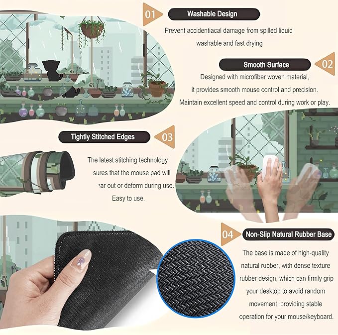 Green Kawaii Desk Mat Mousepad Pixel Plant Mouse Pad Gaming XL Large Desk Pad Anime Cat Desk Matt for Desktop, Computer Laptop Keyboard and Mouse Mat for Women Office Decor Accessories 31.5x11.8 in