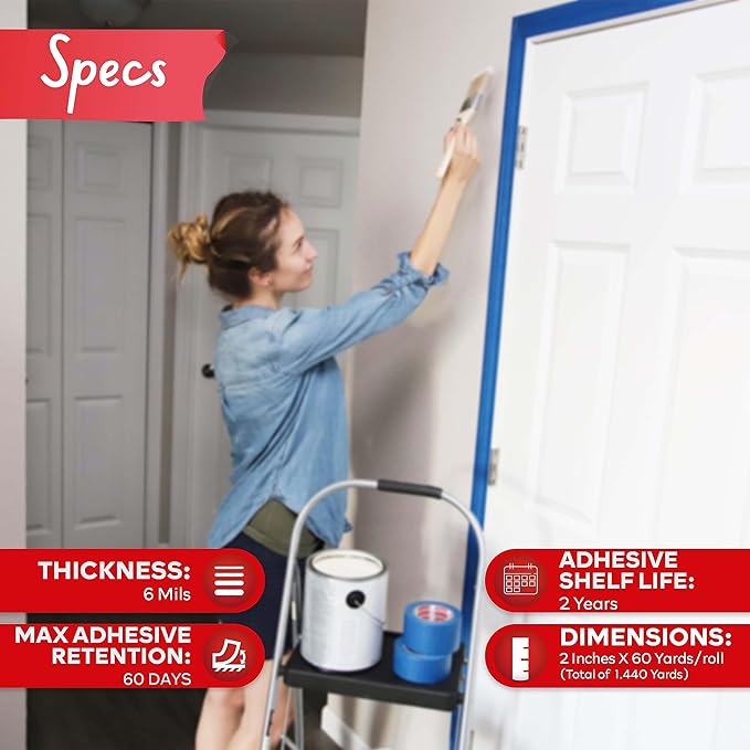 XFasten Blue Painter's Tape, 2 Inch x 60 Yards (24-Pack) Blue Painters Masking Tape Bulk - Sharp Edge Line Technology, Produces Sharp Lines | Residue-Free and Artisan Grade Wall Trim Tape