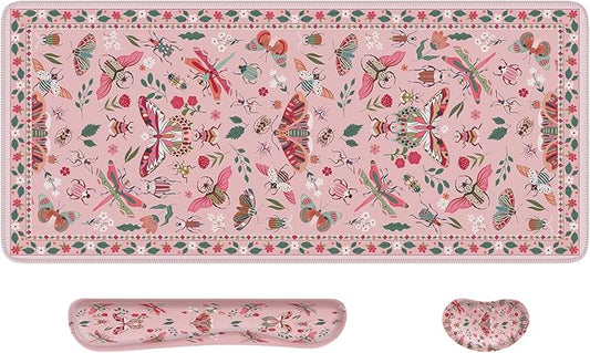 iCasso Large Mouse pad for Desk, Computer Desk Mat, 3Pcs XXL Keyboard and Mouse Pad + Keyboard Wrist Rest, Desk Matt for Desktop, Easy Typing Pain Relief Ultra Thick Mousepad Keyboard Mat(Pink)