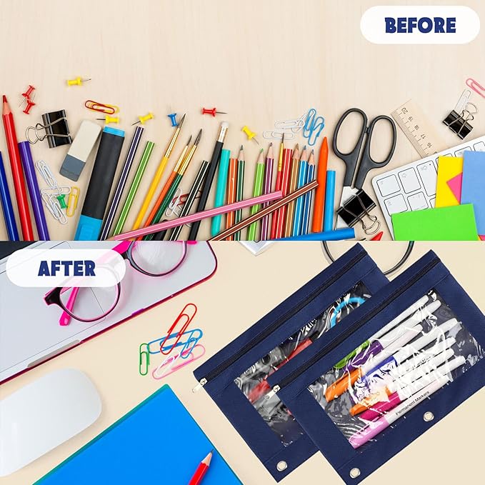 Marspark 30 Packs Pencil Pouch 3 Ring Binder Pen Pouch Cloth Pencil Pouches Zipper Pen Case Bag with Clear Window for School Office Writing Supplies Gifts(Navy Blue)
