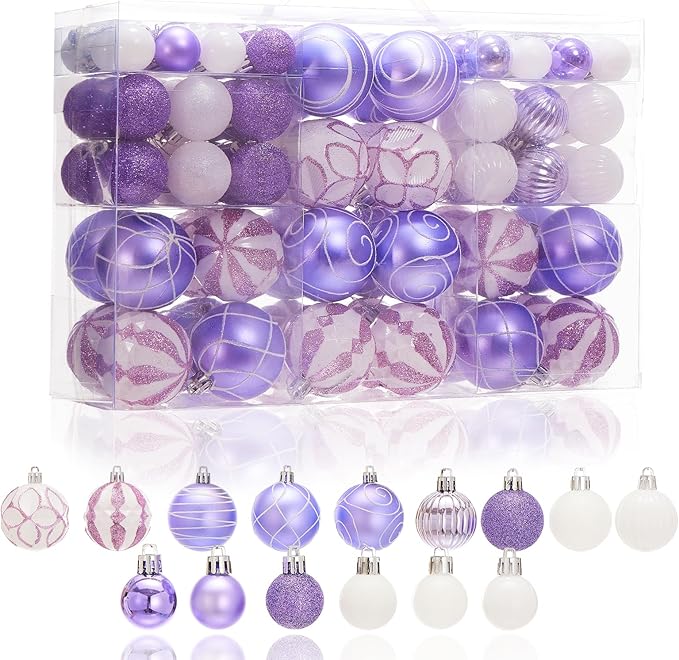 100Pcs Elegant Christmas Balls Set Christmas Tree Ornaments with Glitter and Patterns Bulk Ornaments for Tree as Festive Christmas Decor Xmas Ball Set Purple White