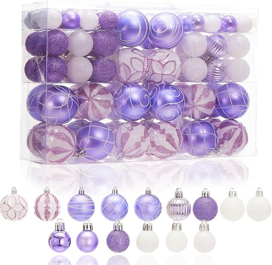 100Pcs Elegant Christmas Balls Set Christmas Tree Ornaments with Glitter and Patterns Bulk Ornaments for Tree as Festive Christmas Decor Xmas Ball Set Purple White