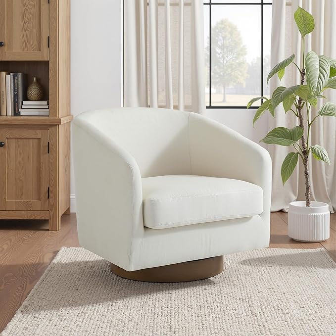 UIXE Swivel Accent Chair with Wood Base, Fabric Upholstered Barrel Chairs for Living Room, Comfy Round Armchair Single Sofa Bedroom Reading Seat - 31" W, Beige