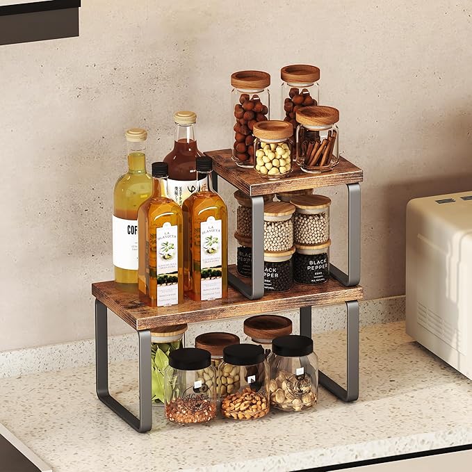 Homeiju Wooden Desktop Organizer Shelf, 2-Tier Adjustable Freestanding Bookshelf Desk Shelf, Stackable Desk Organizer for Office, Dorm, Bedroom, Space Saving, Easy Assembly, Rustic Brown (1 Pack)