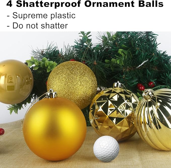 Gold 4.0" Large Christmas Balls - Christmas Tree Decoration Ornaments Shatterproof Hanging Balls for Birthday Halloween Holiday Wedding Decorations Set of 4pcs