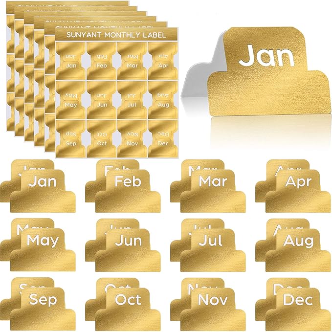 72 Pieces Adhesive Monthly Planner Tabs Monthly Index Stickers Decorative Label Calendar Stickers for Office Study Planner Journal Notebook Back to School Accessories(Gold)