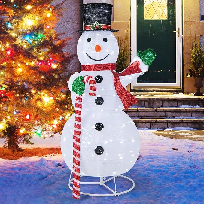 Tangkula 5 FT Pop-up Lighted Christmas Snowman, Large White Pre-lit Christmas Decoration with 180 LED Lights, Hat, Scarf, Indoor Outdoor Xmas Holiday Decor for Party, Yard, Garden, Porch, Lawn