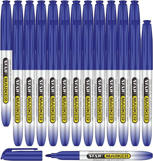 SFAIH Blue Permanent Markers Bulk - 24 Pack, 1s Quick Dry, Fine Point Permanent Markers for Paper Plastic Glass Metal Wood, Waterproof, Kitchen Classroom Office, Doodling, Marking, Non-Fading