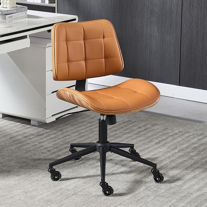 Home Office Desk Chair with Wheels, Adjustable Height Armless Office Chair, PU Leather Mid Back 360° Small Computer Chair, Modern Walnut Chair No Arms for Office, Reading Meeting Room(Brown)
