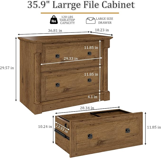 blini 2 Drawer File Cabinet Farmhouse Lateral File Cabinet with Hanging File Folders，Fits Letter/Legal/A4 Sizes, 36.8" Large Wood File Storage Cabinets Printer Stand for Home Office