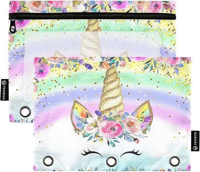 Unicorn Pink Pencil Pouch for 3 Ring Binder, 2 Pack Waterproof Pencil Bags Clear Window Zipper School Office Supplies
