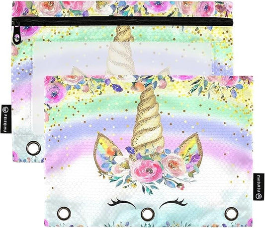 Unicorn Pink Pencil Pouch for 3 Ring Binder, 2 Pack Waterproof Pencil Bags Clear Window Zipper School Office Supplies