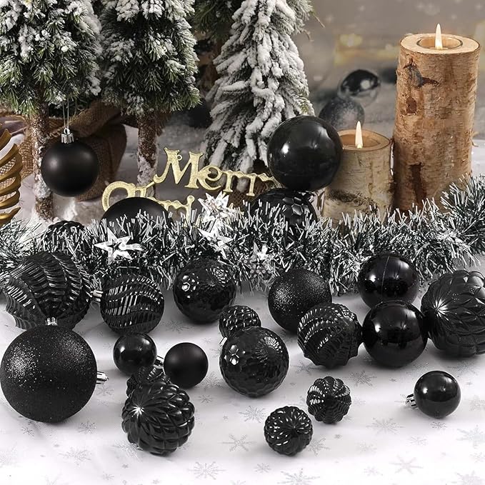 Christmas Balls Ornaments -36pcs Shatterproof Christmas Tree Decorations with Hanging Loop for Xmas Tree Wedding Holiday Party Home Decor,6 Styles in 3 Sizes(Black)