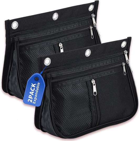 Sooez Pencil Pouch for Binder, Expandable Zipper Pencil Pouch, Fabric Pencil Pouches Binder Pockets, Large Capacity Binder Pouch, Pencil Case for 3 Ring, Black, 2 Pack