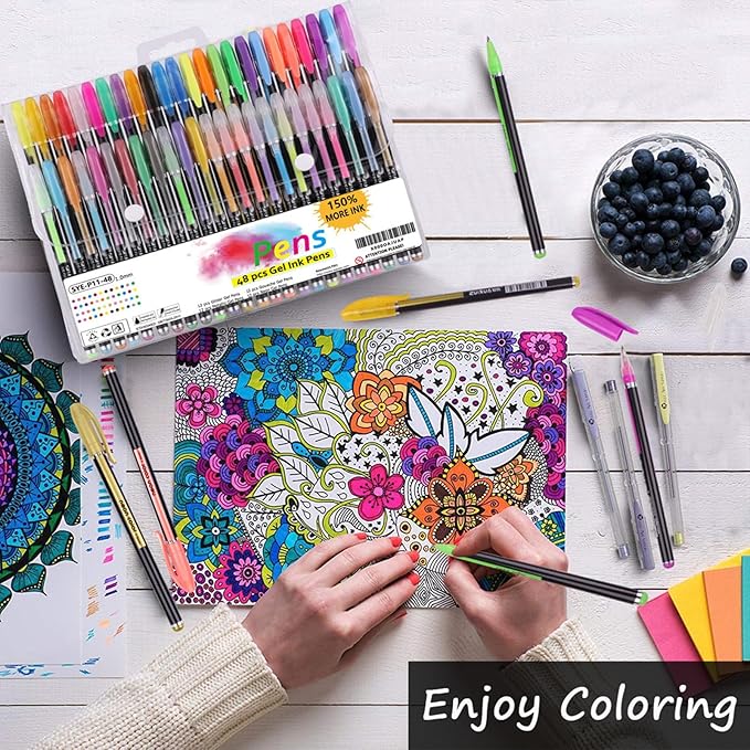 Lemical 48pcs Gel Ink Pens - 4 Types (12 Pastel, 12 Neon, 12 Metallic, 12 Glitter) Colors Drawing Pens for Greeting Cards, Coloring Books, Office Art