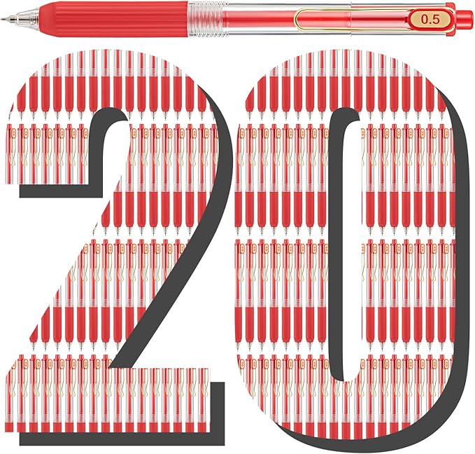 Aozora 20 Pack Red Gel Pens Fine Point Smooth Writing Pens Retractable Red Ink Pen with Soft Grip 0.5mm Quick Dry Office School Supplies Gold Clip