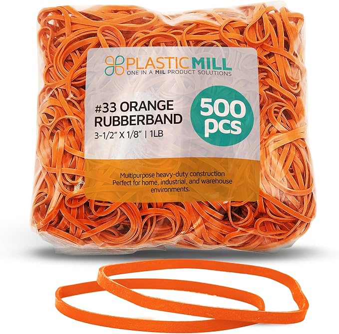 PlasticMill Orange Rubber Bands Size 33 (3 1/2" x 1/8") - #33 Colored Rubber Bands Office Supplies - Strong, Elastic Bands for Crafts, Balloon Garland, Cash, File Folders (500-Pack)