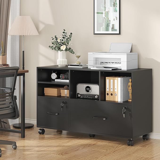 2 Drawer Wood Mobile Large Lateral File Cabinet with Lock, Lockable Rolling Filing Cabinet with Storage Shelves, Printer Stand Office Storage for Home Office Fits Files Legal/A4,Black