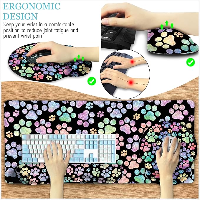 Dog Paw Mouse Pad Set XXL Large Desk Mat Pad, Cute Ergonomic Mouse Pad with Wrist Support Wrist Rest for Computer Keyboard, Cup Coaster Cute Cat Paw Office Supplies Desk Decor Accessories