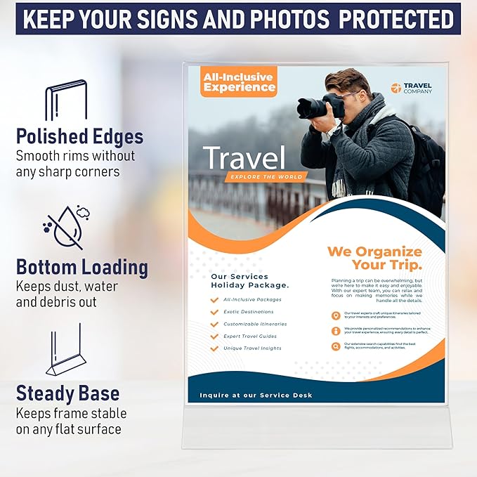 Acrylic Sign Holder 8.5 x 11, T-Shape Menu Holder with Bottom-Loading Design, Plastic Stands for Brochures, Flyers, Menus, and Displays. Double-Sided Display Stand for Tabletop Signs and More (6 Pack)